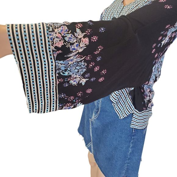 Free People Size S Mix N Match Blouse Black Combo Dark Floral Boho Oversized - Picture 4 of 9